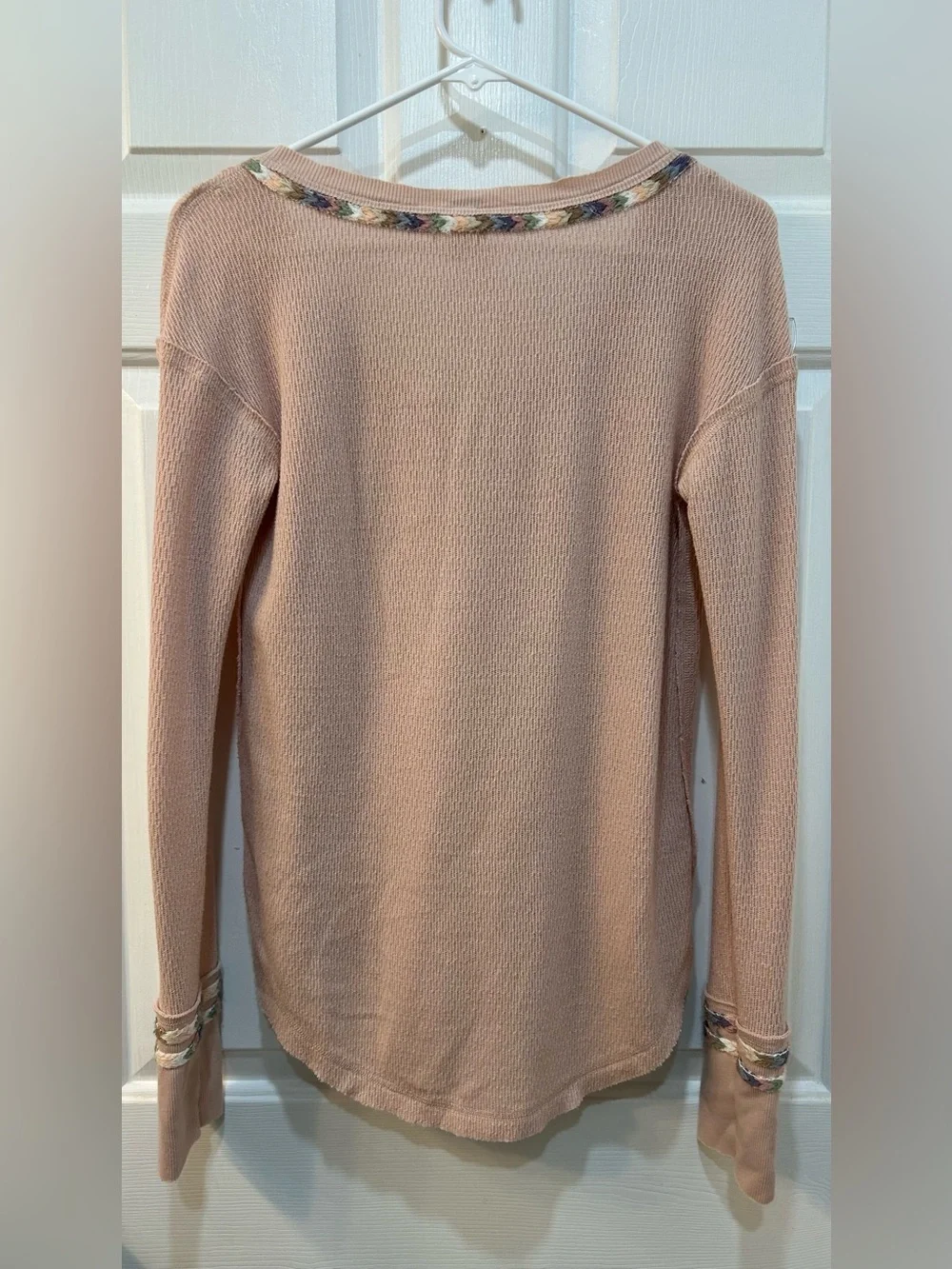 Free People Pink Thermal Henley Size S‎ Rainbow Embroidered Trim Boho Festival